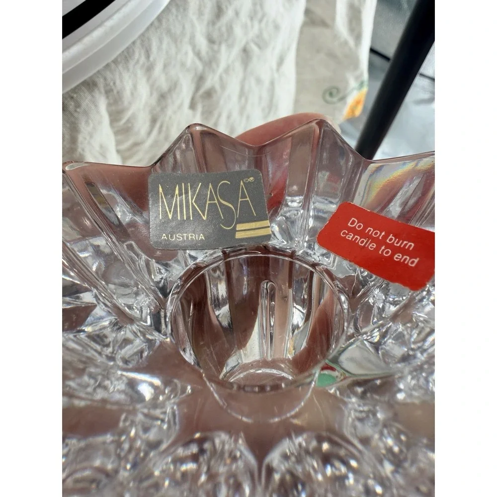 Mikasa Austria Crystal Lotus Taper Candle Holders Pair MCM Hollywood Regency New